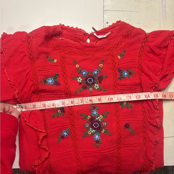 Free People Amy High Neck Embroidered Ruffle Shoulder Long Sleeve Blouse Top XS - Picture 5 of 8